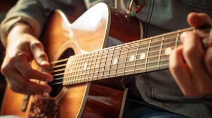 Fototapeta premium Guitarist's Fingers Strumming Strings