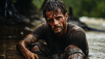 Man with dirty face and hands in the rain sit in mud.