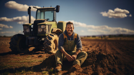 Smiling farmer in front of tractor in the field, sit on ground. Bio ecology, clean environment, farmers.
