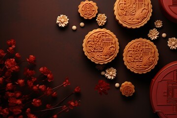 Obraz na płótnie Canvas Luxurious chinese moon cakes sitting on a table background, chinese Moon cakes illustration background 