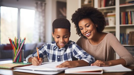 Happy African American mother and son do homework together reading book with school curriculum on table in children room. Love in family and helping child complete tasks. Support from parent to boy