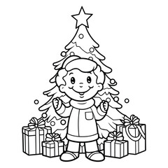 Coloring page of a happy Christmas,child Christmas background with snowman,santa coloring page