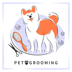 Cartoon character dog with tools for animal hair grooming. Pet grooming. Vector illustration