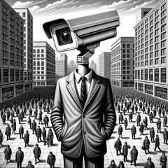 Surveillance Society Concept: CCTV Camera-Headed Man. Generative ai.