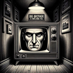 Charcoal Drawing of a TV with Big Brother Inside, Symbolizing Surveillance Society - AI-generated Image - obrazy, fototapety, plakaty