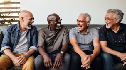 Old male friends of different races laugh remembering times and events sitting on couch in living room of apartment. Positive emotions and lifelong friendship. Laughing at joke with acquaintances