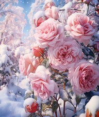 Fairy Roses, Winter Scene with Snow. Christmas, Advent. AI Generative