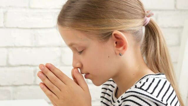 Child Praying Before Eating Breakfast in Kitchen, Kid Preparing Eat Meal, Girl Religious View, Christian Customs, Practices