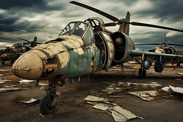 Deserted military aircraft scattered across an abandoned airfield, their once sleek frames now weathered and worn - obrazy, fototapety, plakaty