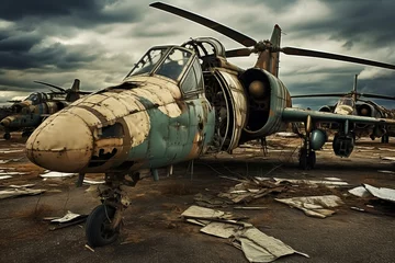 Crédence de cuisine en verre imprimé hélicoptère Deserted military aircraft scattered across an abandoned airfield, their once sleek frames now weathered and worn