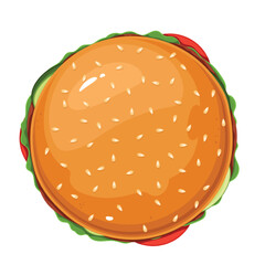 Burger vector illustration. Cartoon isolated top view of hamburgers bun with sesame, cheeseburger with bread slices, meat and salad, gourmet fast food to eat and sandwich snack of American cuisine