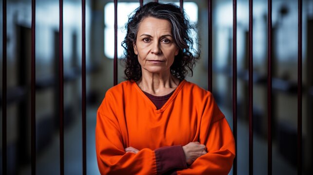 A middle-aged female prisoner in an orange uniform against a background of metal bars looks at the camera. The criminal serves his sentence in a prison cell.