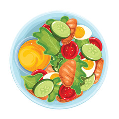 Salad vector illustration. Cartoon isolated top view of round plate with healthy fresh vegetables slices and eggs, croutons or chicken meat pieces, cooked salad in bowl for restaurant or home menu