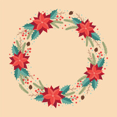 christmas wreath illustration with holli, christmas star flowers and leaves, with empty space for text