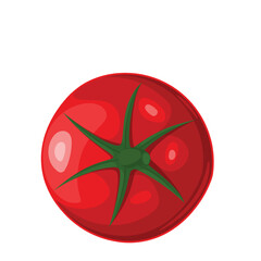 Tomato vector illustration. Cartoon isolated top view of one red ripe tomato with green leaf and stem, natural small sweet cherry fruit for cooking healthy summer salad, organic vegetarian tomato