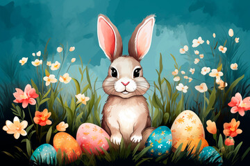 Easter scene. Cute bunny with painted eggs
