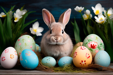 Fototapeta na wymiar Easter bunny with a bunch of eggs. Background for Easter greetings. Spring flowers