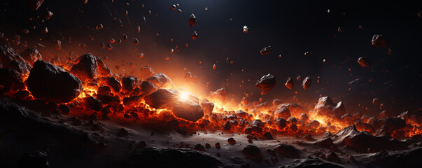 a fiery comet flies in outer space among pieces of meteorites. ai generative