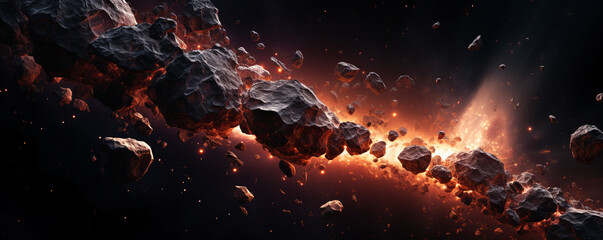 a fiery comet flies in outer space among pieces of meteorites. ai generative - obrazy, fototapety, plakaty