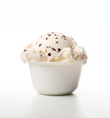 A ball of ice cream with chocolate chips in a white bowl