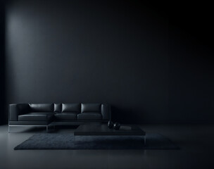 Design scene with black leather sofa and coffee table. Copy space