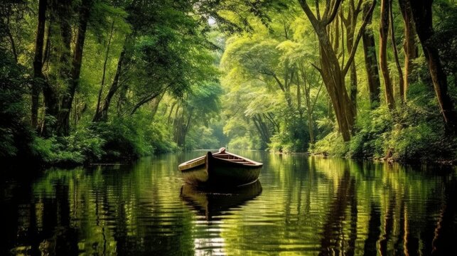 A tranquil boat ride on a calm river surrounded   AI generated illustration
