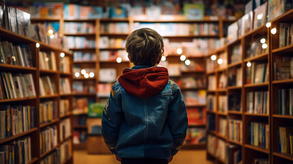 A child among the library shelves. ai generative