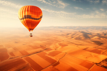 Balloon over the desert. Sand dunes. Travel by air. Background