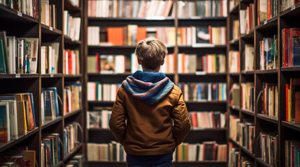 A child among the library shelves. ai generative