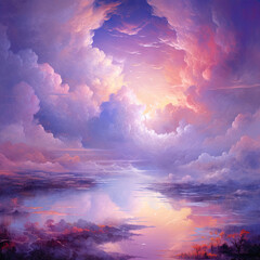 dreamy and ethereal pink, purple and blue landscape with fluffy clouds and a beautiful lake. Ethereal, dreamlike vibes. 