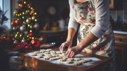 woman in the kitchen in an apron preparing Christmas cookies. ai generative