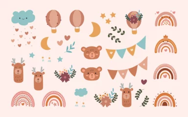 Poster Boho collection of cartoon rainbows, bears, deer, clouds, stars, hearts, hot air balloons in pastel colors. Bohemian retro set illustration in scandinavian style. Vector © Darina