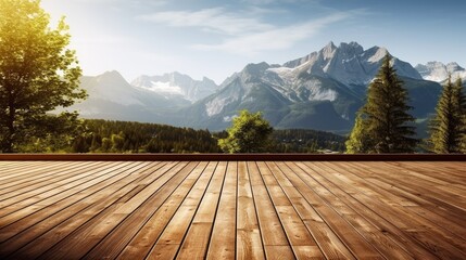 A wooden deck overlooking a breathtaking mountain  AI generated illustration - obrazy, fototapety, plakaty