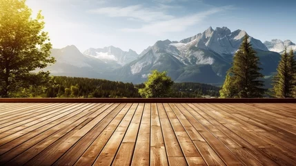 Fotobehang A wooden deck overlooking a breathtaking mountain  AI generated illustration © ArtStage