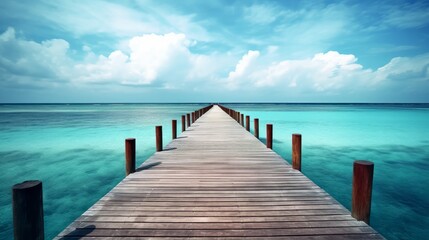 A wooden pier stretching out into the calm ocean  AI generated illustration - obrazy, fototapety, plakaty