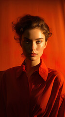 Close up of Beautiful Young Female Model Dressed in Red - Generative Ai