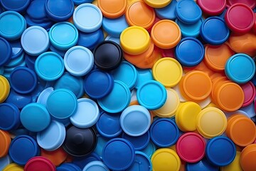 Plastic Bottle Caps Pile. Recycling HDPE Material Group, Circle Polyethylene Lid Set, Colorful Caps Group