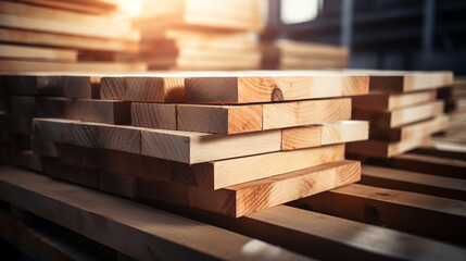 stack of wooden boards in a warehouse or factory. ai generative