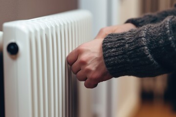 Warming Hands on White Radiator, Man Warms his Hand at Home, Cold Winter, Expensive Electricity Saving Concept,