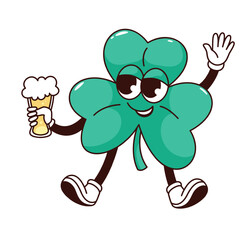 Groovy shamrock character with beer glass vector illustration. Cartoon isolated retro psychedelic mascot of Saint Patricks Day drinking traditional drink, funny shamrock with legs and arms waving