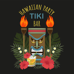Tiki statue with cocktail and flowers.
