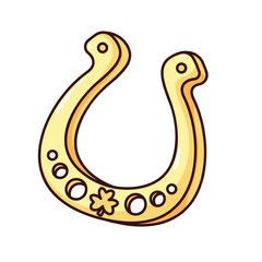 Groovy gold horseshoe vector illustration. Cartoon isolated retro sticker, golden horseshoe with shamrock as Irish traditional symbol of luck and fortune, wealth or success, patch of St Patricks Day