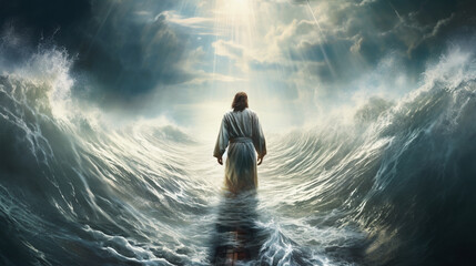 An Uplifting Tale Jesus Walking on Water Across the Sea of Galilee clouds and storm. ai generative