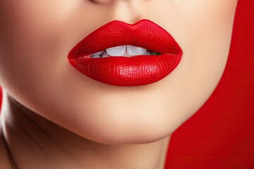 close up portrait of woman with red lips and white teeth