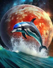 Jupiter Leap: Dolphin's Cosmic Dance - obrazy, fototapety, plakaty