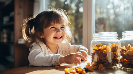 joyful child having breakfast with dried fruits in the kitchen. ai generative - obrazy, fototapety, plakaty