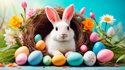 White cute easter bunny sitting in a nest with colorful easter eggs and spring flowers