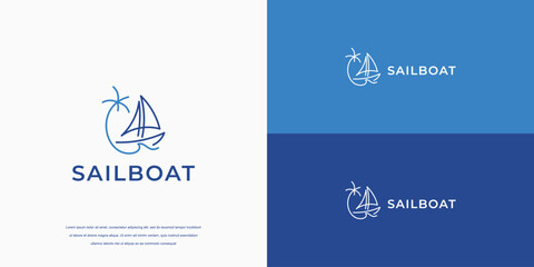 sail boat logo with wave icon - obrazy, fototapety, plakaty