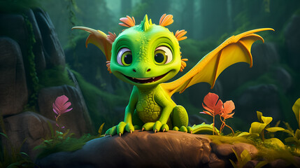 Cute and friendly little green dragon with big eyes and kind smile. Against background of fabulous forest. Cartoon style. Copy space.