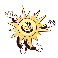 Groovy sun character vector illustration. Cartoon isolated cute sunny vacation sticker, jumping mascot of happy summer sun with sunshine and funky smile on face, comic emoji with arms and legs